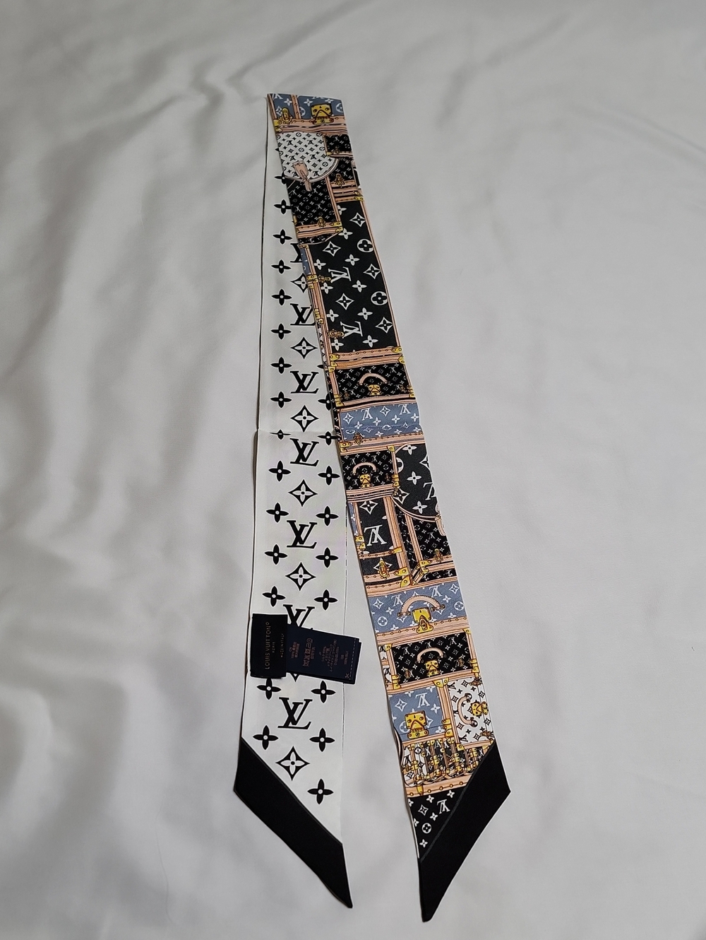 Louis Vuitton Black White and Gold Monogram Silk Twilly Scarf